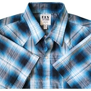 ELY CATTLEMAN Men Tall XLT Blue Plaid Western Short Sleeve Button Down Shirt NEW